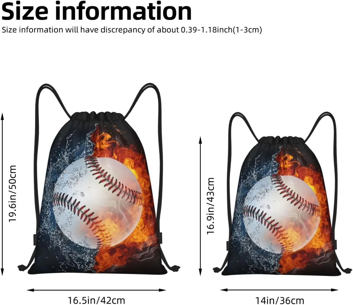 Kids Baseball Drawstring Bags Boys Girls, Cool Sports Drawstring Backpack with Fire and Water Pattern Printed, Black Casual Knapsack Bags for Teens Adults for Gym Travel Swimming Beach Camping, Small