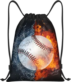 Kids Baseball Drawstring Bags Boys Girls, Cool Sports Drawstring Backpack with Fire and Water Pattern Printed, Black Casual Knapsack Bags for Teens Adults for Gym Travel Swimming Beach Camping, Small