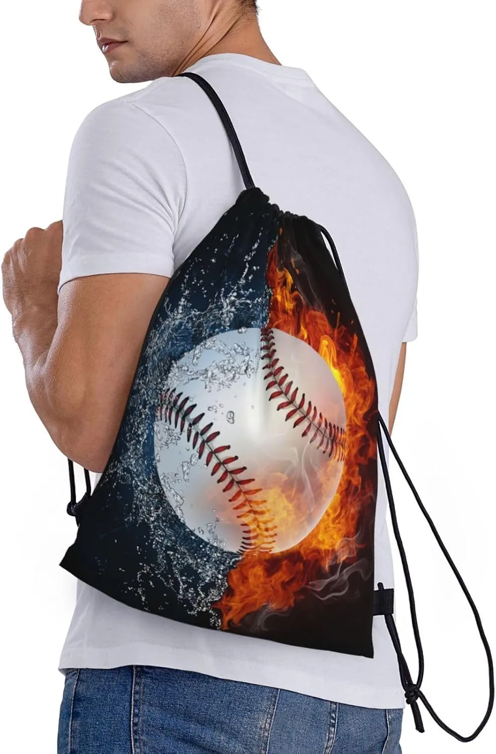 Kids Baseball Drawstring Bags Boys Girls, Cool Sports Drawstring Backpack with Fire and Water Pattern Printed, Black Casual Knapsack Bags for Teens Adults for Gym Travel Swimming Beach Camping, Small