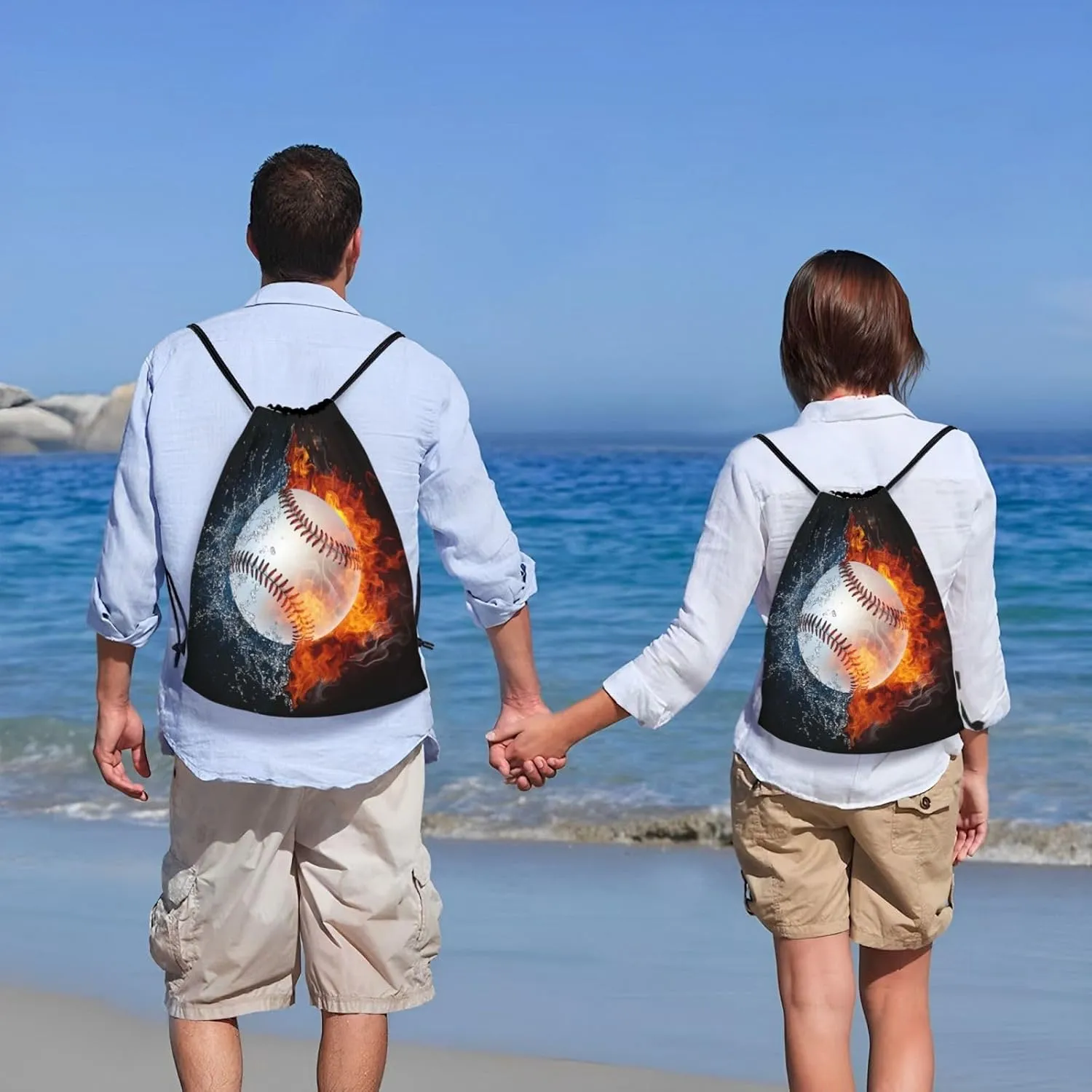 Kids Baseball Drawstring Bags Boys Girls, Cool Sports Drawstring Backpack with Fire and Water Pattern Printed, Black Casual Knapsack Bags for Teens Adults for Gym Travel Swimming Beach Camping, Small