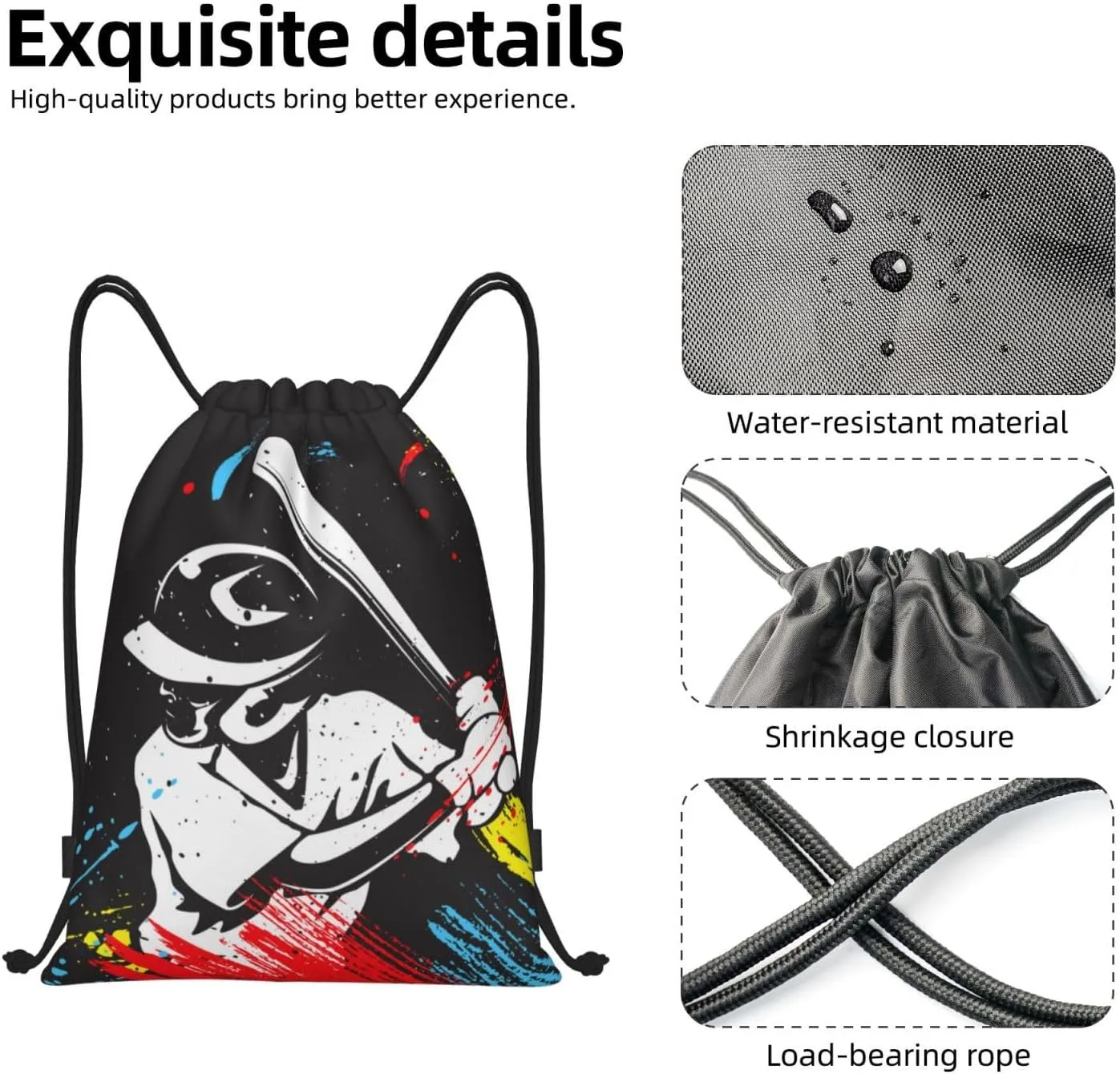 Kids Baseball-Themed Drawstring Bags for Boys Girls, Sports Drawstring Backpack Casual Knapsack for Teens Adults Women Men for Gym Beach Travel Swimming Yoga Camping, Small