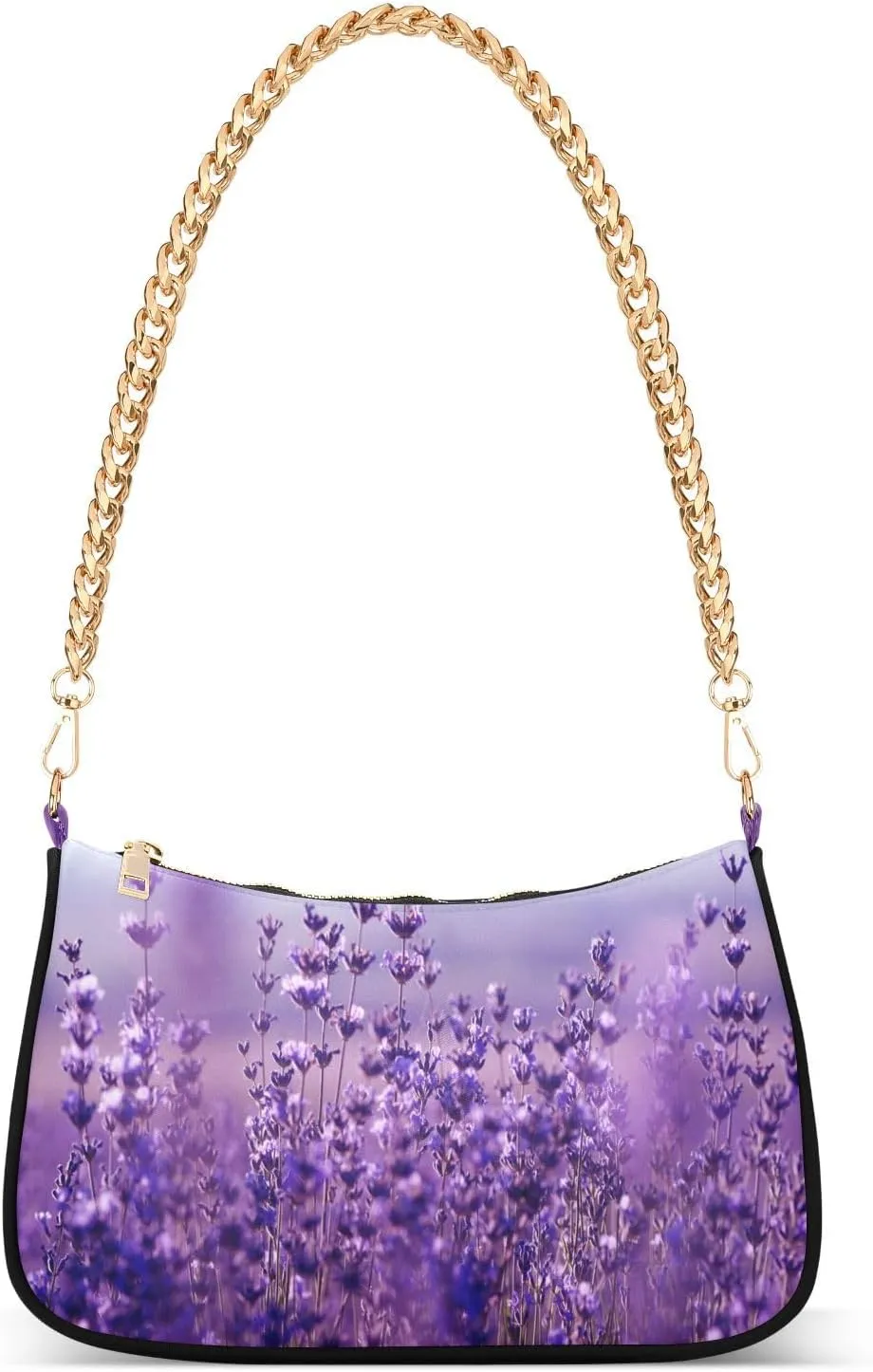 Lavender Flowers Shoulder Handbags for Women Travel Hobo Tote Handbag Women Gold Chain Shoulder Bags Purse with Zipper Closure