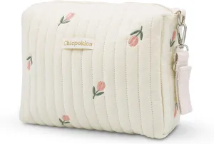 Makeup Bag, Quilted Cosmetic Bag, Cute Flora Makeup Bag, Large Aesthetic Travel Organizer for Travel Essentials, Diapers (Off White, 04) (Off White-Tulip)