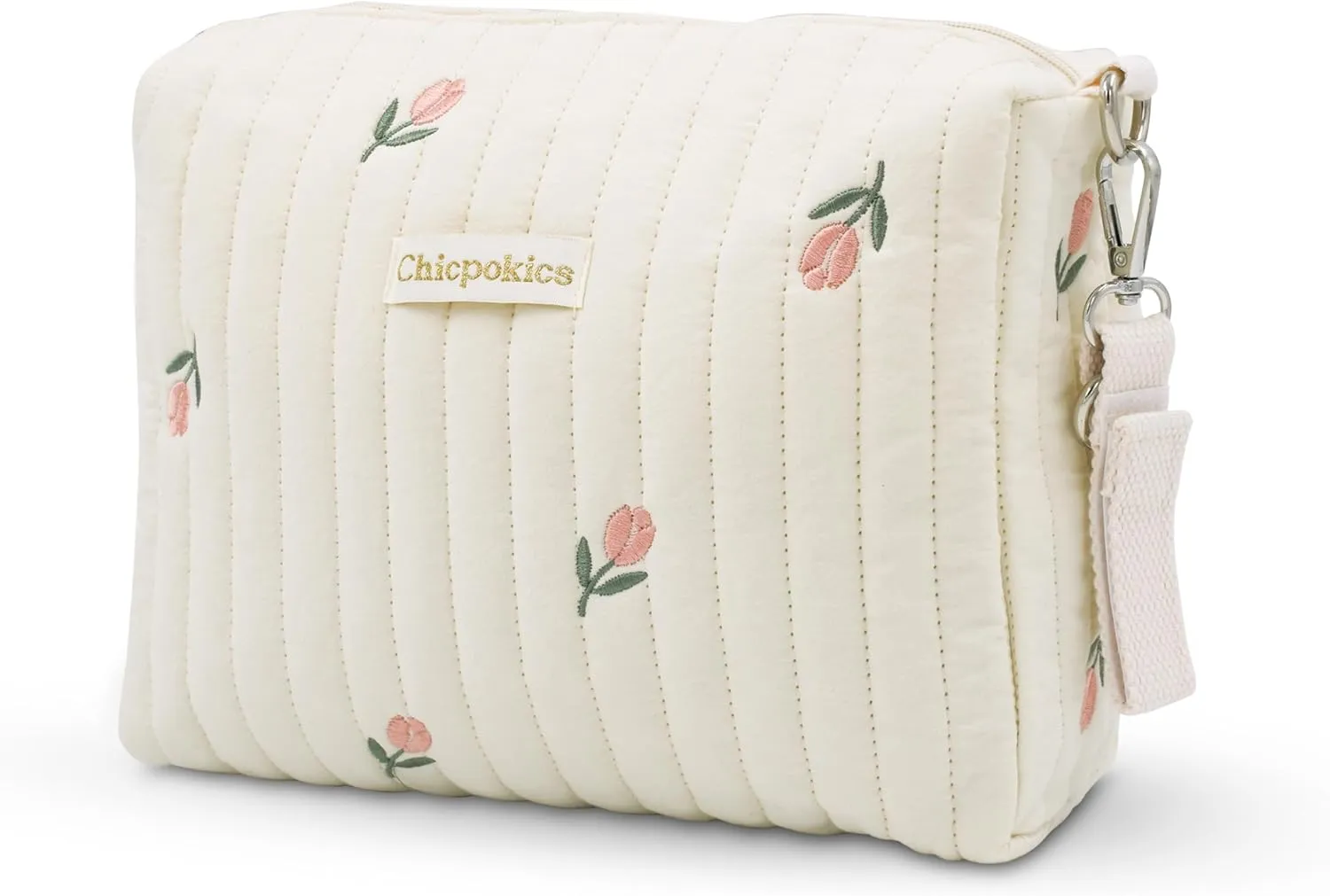 Makeup Bag, Quilted Cosmetic Bag, Cute Flora Makeup Bag, Large Aesthetic Travel Organizer for Travel Essentials, Diapers (Off White, 04) (Off White-Tulip)