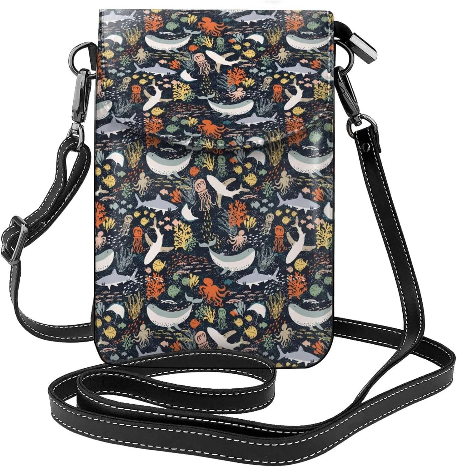 Marine Life Print Small Crossbody Bags for Women Leather Cell Phone Purses Mini Leather Shoulder Handbag Adjustable Strap