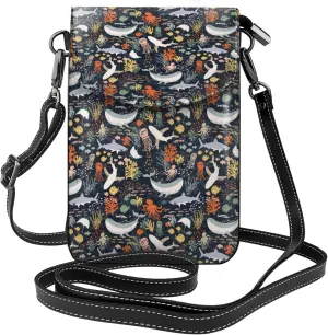 Marine Life Print Small Crossbody Bags for Women Leather Cell Phone Purses Mini Leather Shoulder Handbag Adjustable Strap