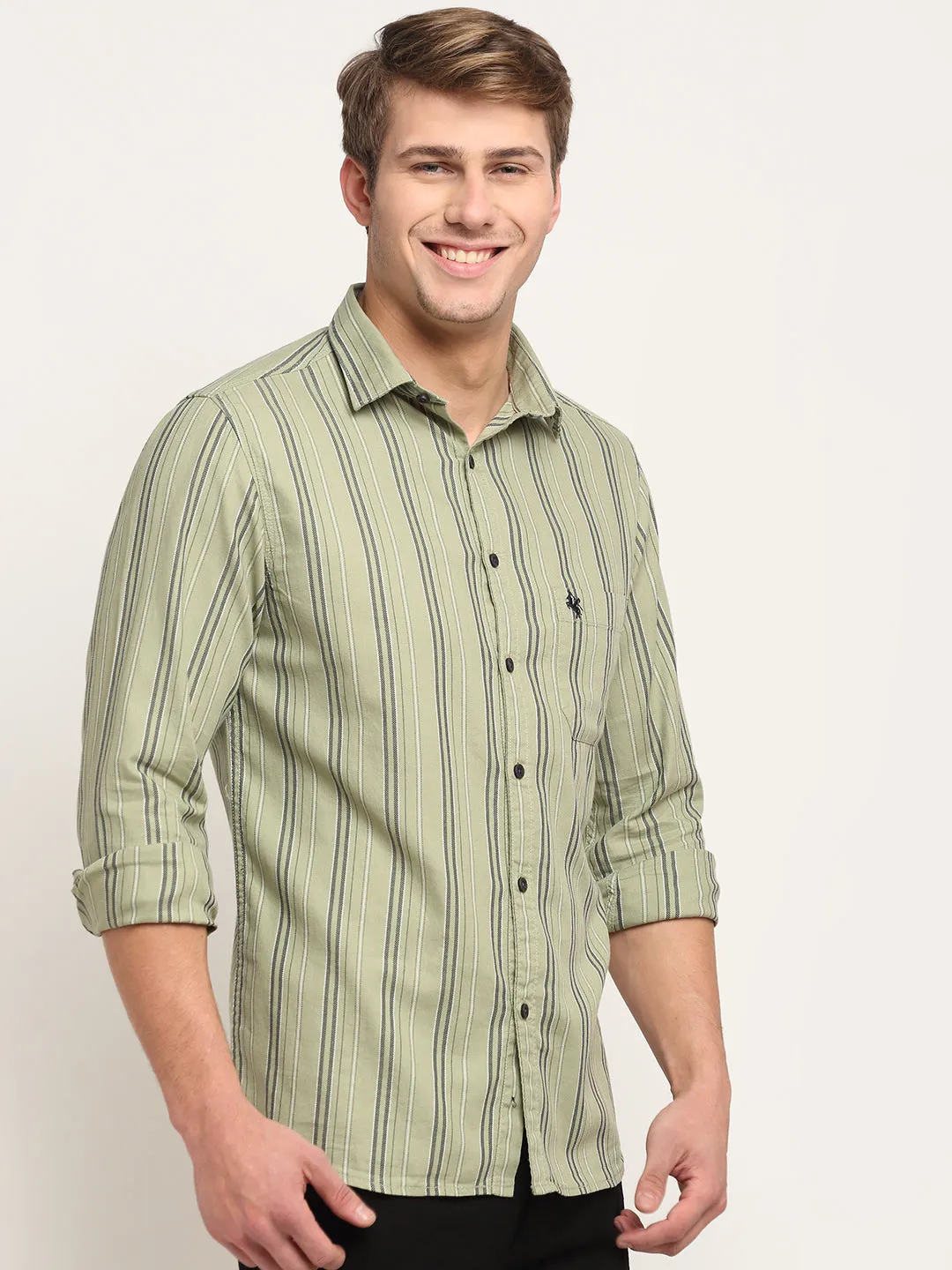 Men Cotton Striped Green Full Sleeve Casual Shirt for Men with Pocket