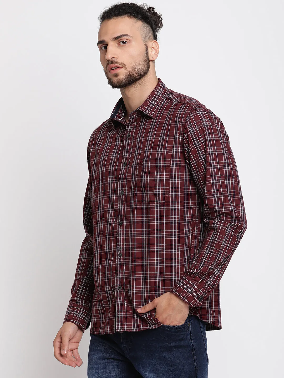 Men's Maroon Casual Medium Checks Full Sleeve Shirt