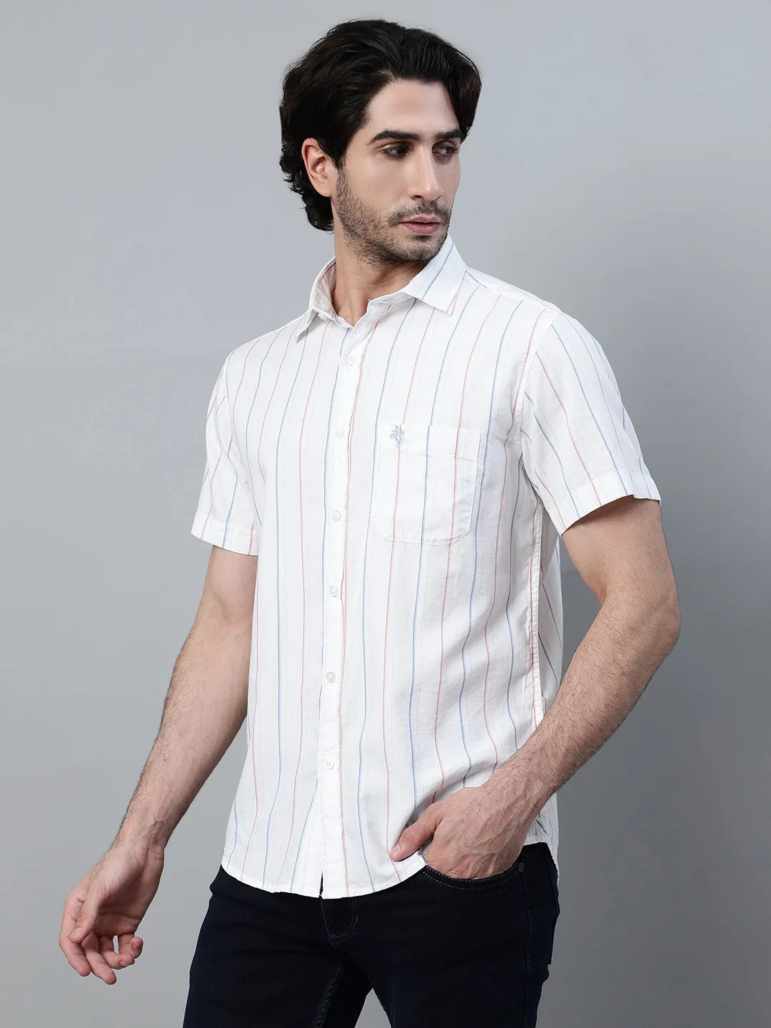 Men's White Striped Half Sleeve Casual Shirt