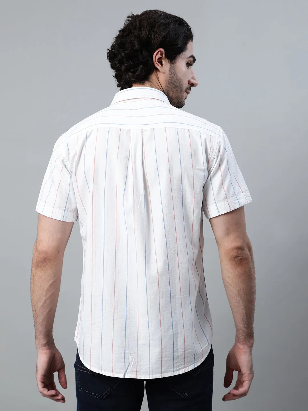 Men's White Striped Half Sleeve Casual Shirt