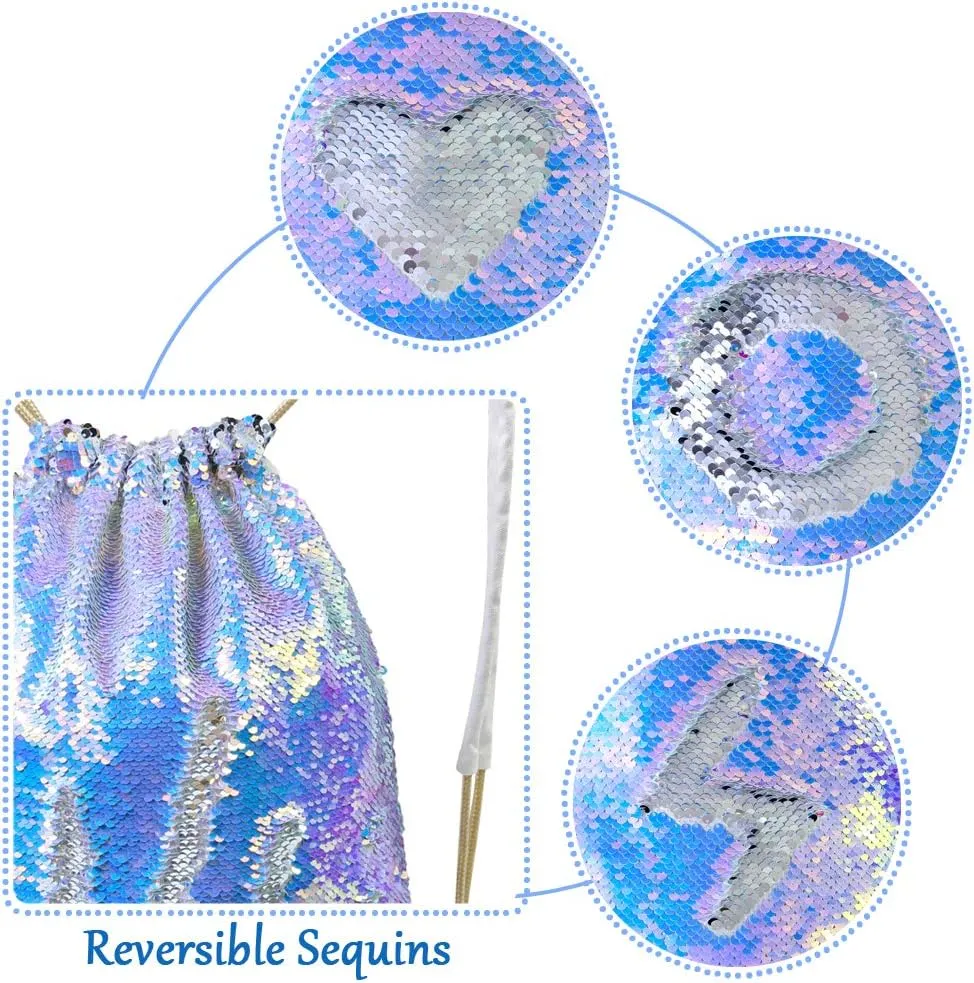 MHJY Sparkly Drawstring Backpack Mermaid Sequin Dance Bag Sports Gym Beach Swim Backpack Birthday Easter Gift Bag