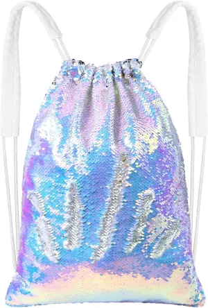 MHJY Sparkly Drawstring Backpack Mermaid Sequin Dance Bag Sports Gym Beach Swim Backpack Birthday Easter Gift Bag