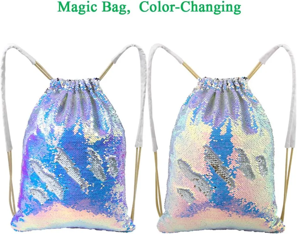 MHJY Sparkly Drawstring Backpack Mermaid Sequin Dance Bag Sports Gym Beach Swim Backpack Birthday Easter Gift Bag