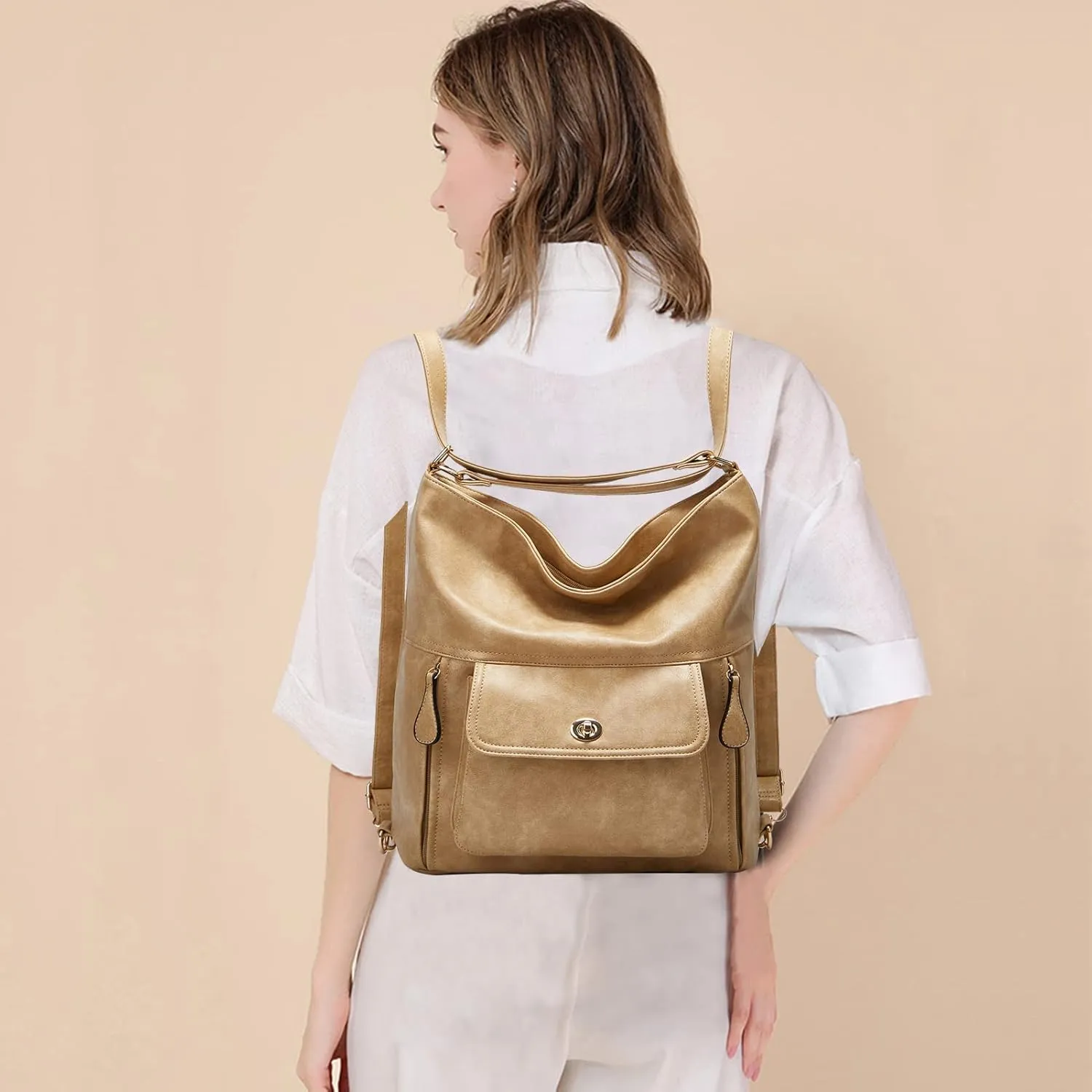 myfriday Vintage Leather Fashion Backpack Purse for Women Large Capacity Convertible Backpack Travel Daily Daypack (Khaki)
