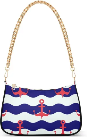 Nautical Pattern with Anchors Shoulder Handbags for Women Travel Hobo Tote Handbag Women Gold Chain Shoulder Bags Purse with Zipper Closure