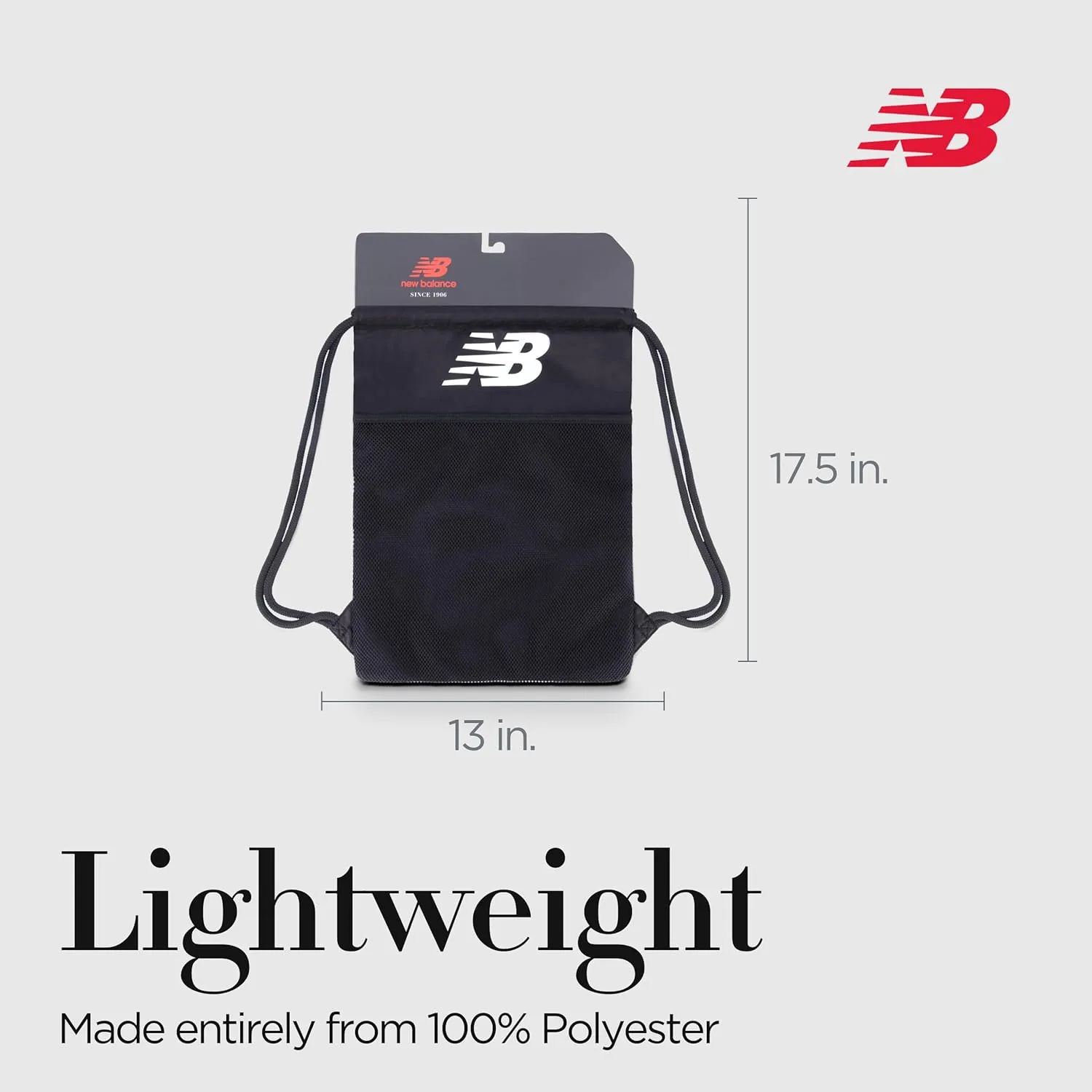 New Balance Drawstring Backpack, Sports Cinch Gym Bag with Shoe Compartment, Black, 17.5 Inch