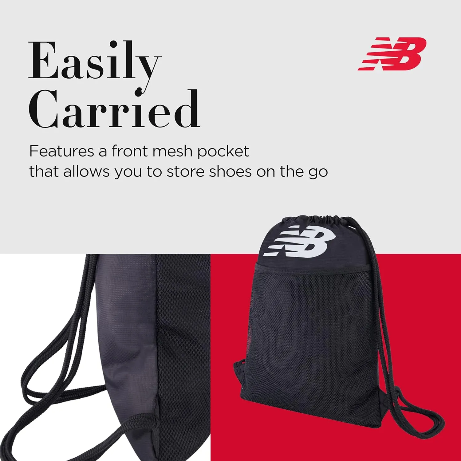 New Balance Drawstring Backpack, Sports Cinch Gym Bag with Shoe Compartment, Black, 17.5 Inch