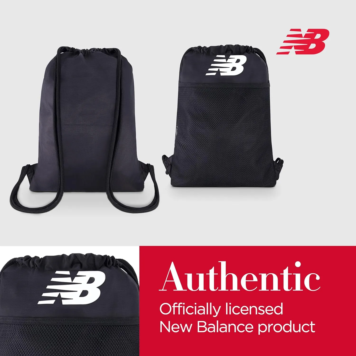 New Balance Drawstring Backpack, Sports Cinch Gym Bag with Shoe Compartment, Black, 17.5 Inch