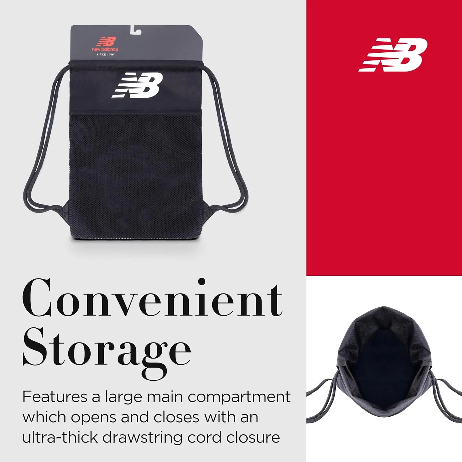New Balance Drawstring Backpack, Sports Cinch Gym Bag with Shoe Compartment, Black, 17.5 Inch