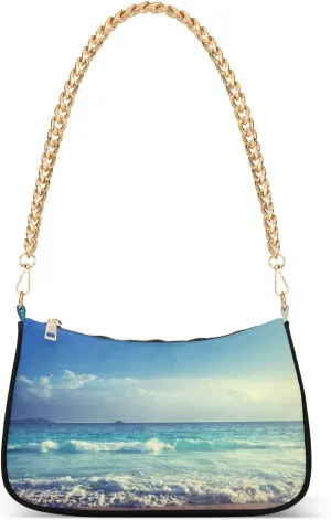 Ocean Waves Beach Shoulder Handbags for Women Travel Hobo Tote Handbag Women Gold Chain Shoulder Bags Purse with Zipper Closure