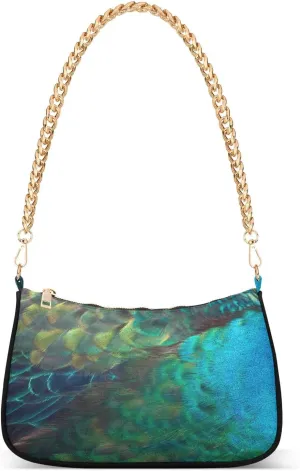 Oil Painting Peacock Feather Shoulder Handbags for Women Travel Hobo Tote Handbag Women Gold Chain Shoulder Bags Purse with Zipper Closure