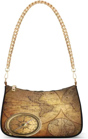 Old Compass on Vintage Map Shoulder Handbags for Women Travel Hobo Tote Handbag Women Gold Chain Shoulder Bags Purse with Zipper Closure