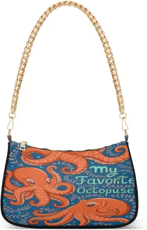 Orange Octopus Cartoon Shoulder Handbags for Women Travel Hobo Tote Handbag Women Gold Chain Shoulder Bags Purse with Zipper Closure