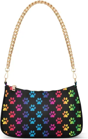 Paw Footprints Rainbow Colors Shoulder Handbags for Women Travel Hobo Tote Handbag Women Gold Chain Shoulder Bags Purse with Zipper Closure