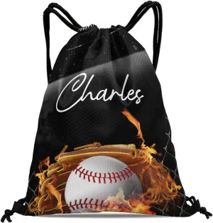 Personalized Drawstring Backpacks Custom Name Fire Baseball Multifunctional Bag for Adult Daily Use Camping Outdoor