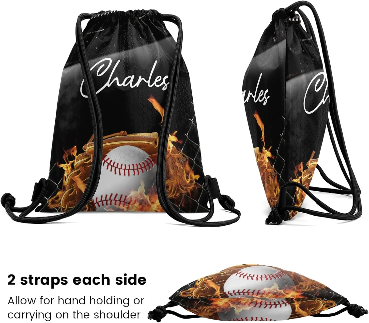 Personalized Drawstring Backpacks Custom Name Fire Baseball Multifunctional Bag for Adult Daily Use Camping Outdoor