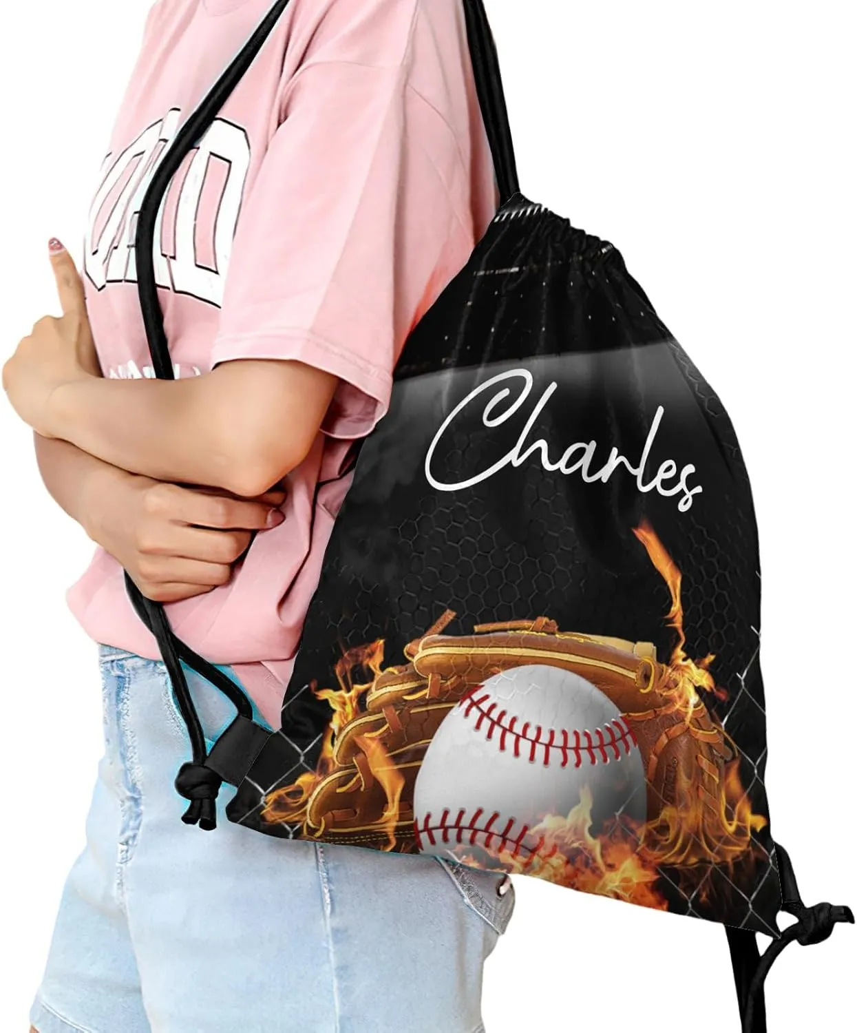 Personalized Drawstring Backpacks Custom Name Fire Baseball Multifunctional Bag for Adult Daily Use Camping Outdoor