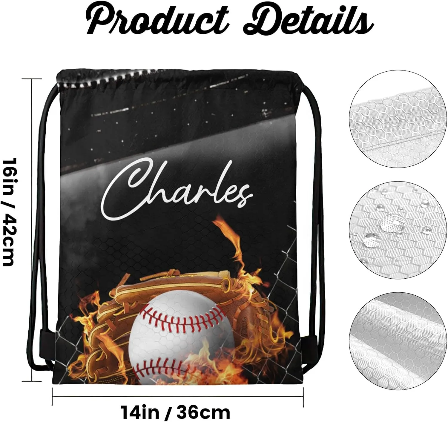 Personalized Drawstring Backpacks Custom Name Fire Baseball Multifunctional Bag for Adult Daily Use Camping Outdoor