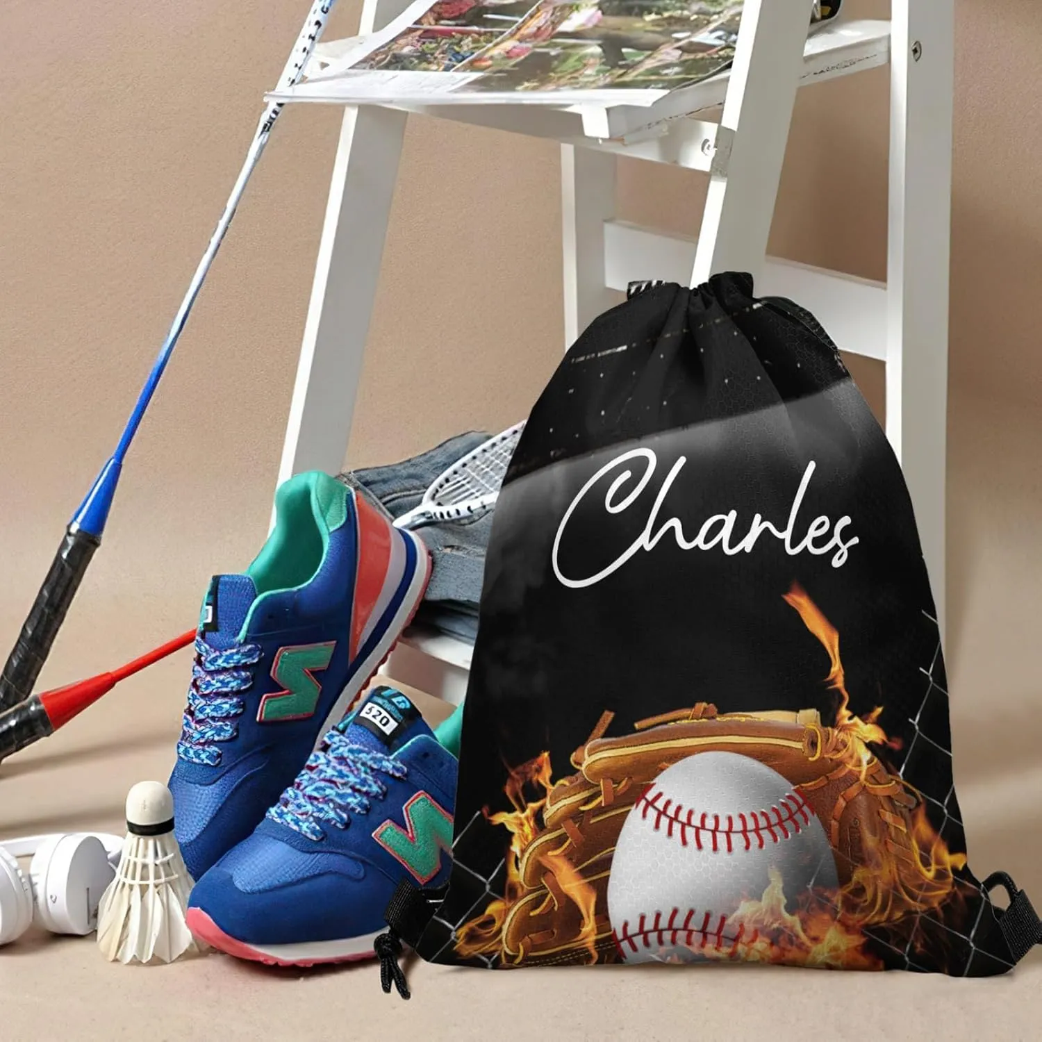 Personalized Drawstring Backpacks Custom Name Fire Baseball Multifunctional Bag for Adult Daily Use Camping Outdoor