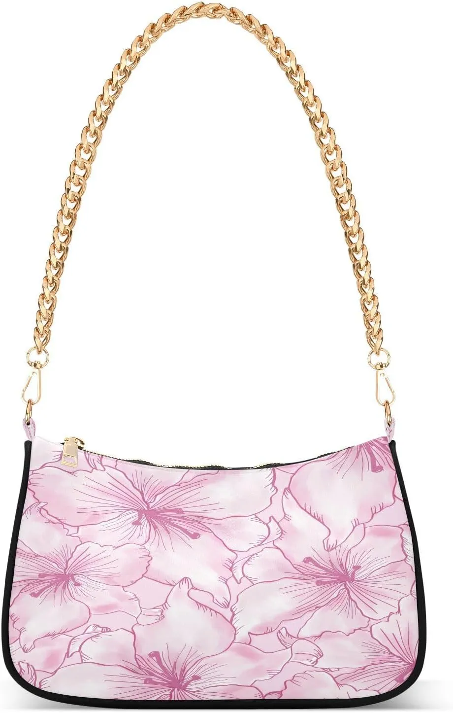Pink Flowers Blossom Shoulder Handbags for Women Travel Hobo Tote Handbag Women Gold Chain Shoulder Bags Purse with Zipper Closure