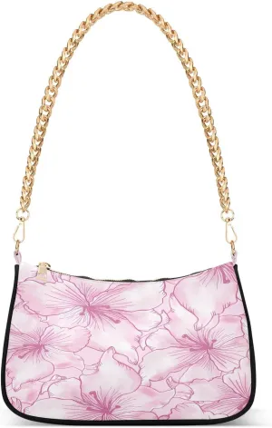 Pink Flowers Blossom Shoulder Handbags for Women Travel Hobo Tote Handbag Women Gold Chain Shoulder Bags Purse with Zipper Closure