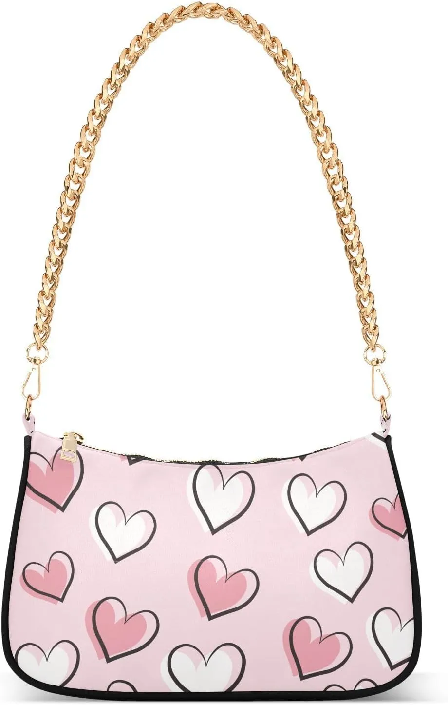 Pink Love Heart Shoulder Handbags for Women Travel Hobo Tote Handbag Women Gold Chain Shoulder Bags Purse with Zipper Closure