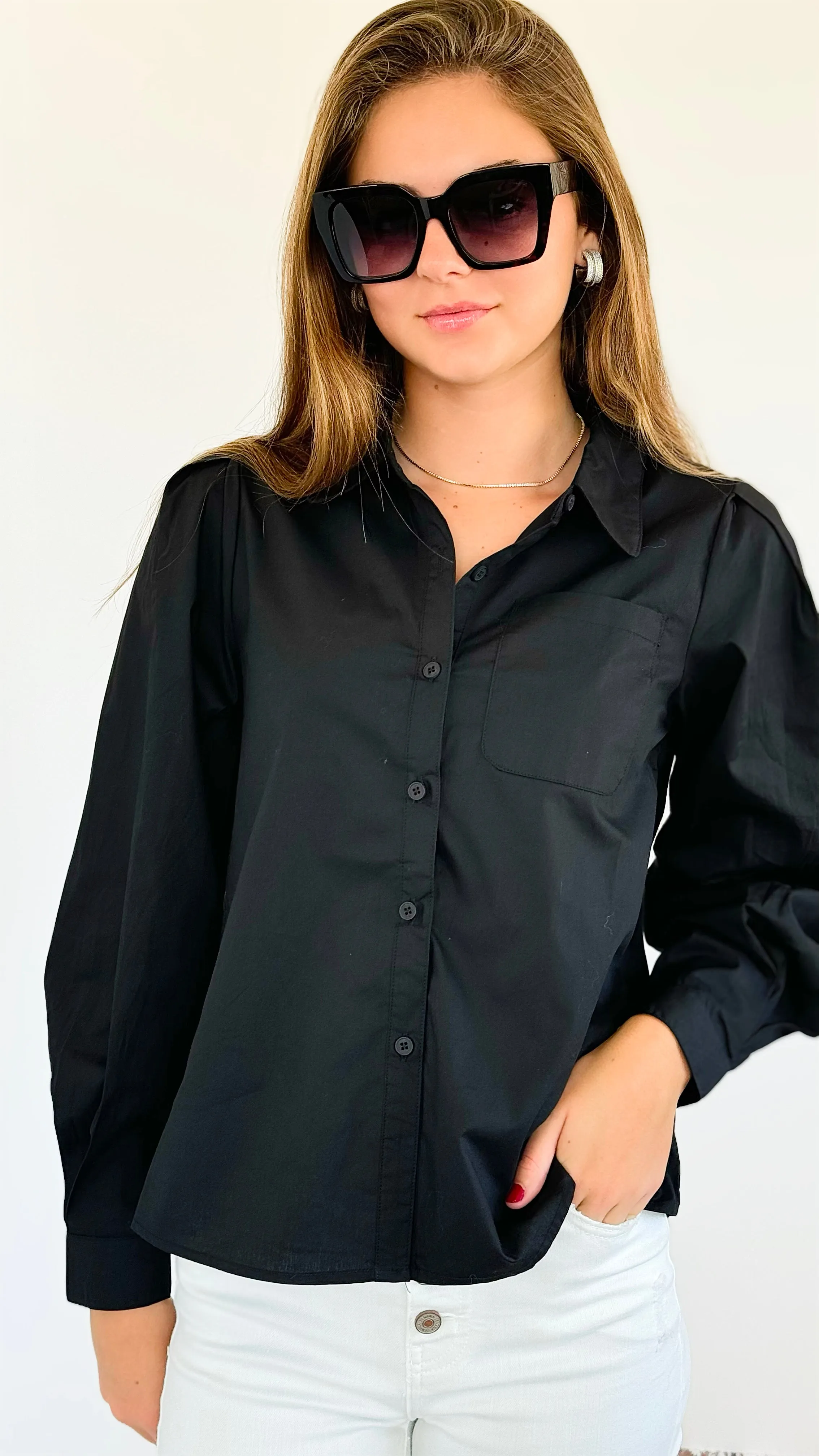 Poplin Puff Sleeve Solid Shirt Top - Black