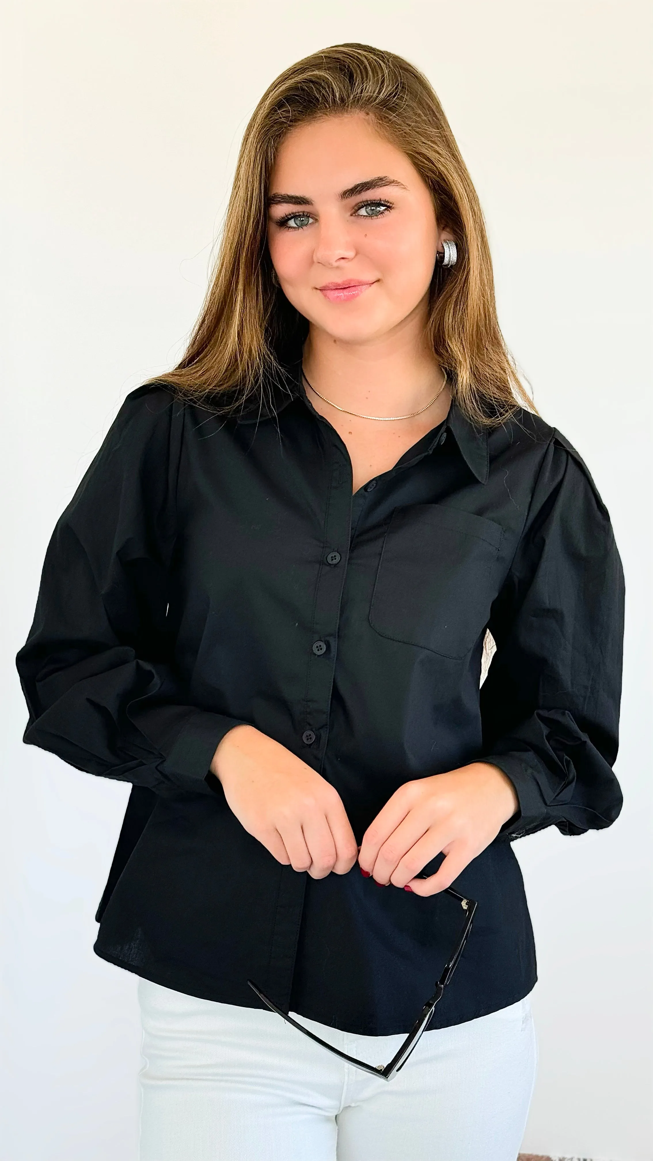 Poplin Puff Sleeve Solid Shirt Top - Black