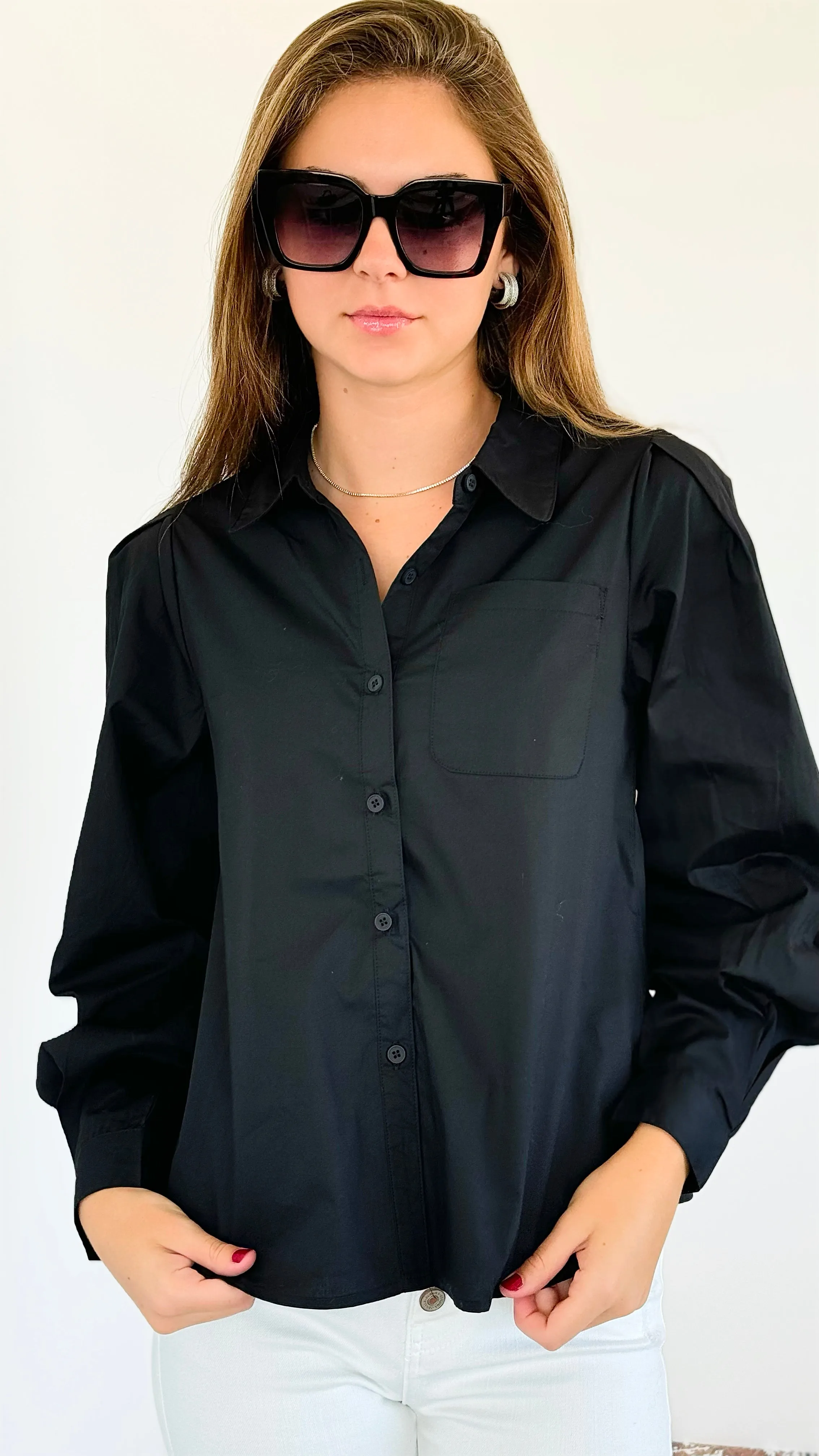 Poplin Puff Sleeve Solid Shirt Top - Black