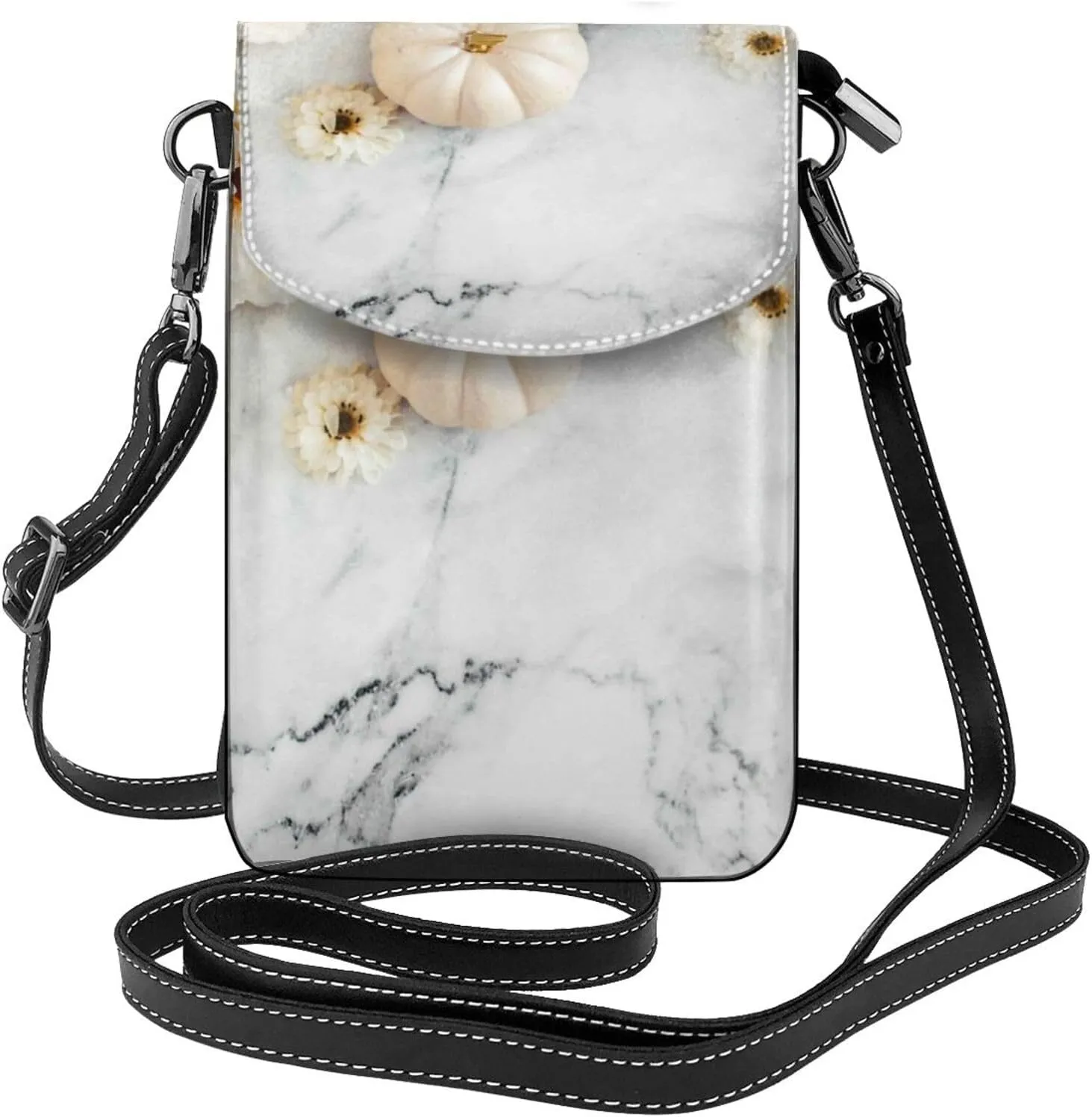 Pumpkin And White Marble Print Small Crossbody Bags for Women Leather Cell Phone Purses Mini Leather Shoulder Handbag Adjustable Strap