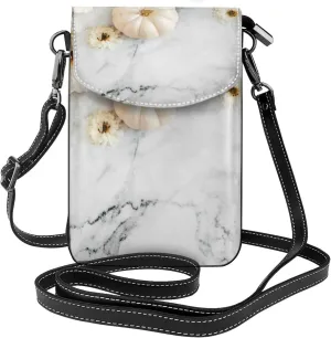 Pumpkin And White Marble Print Small Crossbody Bags for Women Leather Cell Phone Purses Mini Leather Shoulder Handbag Adjustable Strap