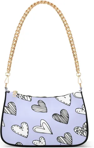Purple Doodle Heart Shoulder Handbags for Women Travel Hobo Tote Handbag Women Gold Chain Shoulder Bags Purse with Zipper Closure
