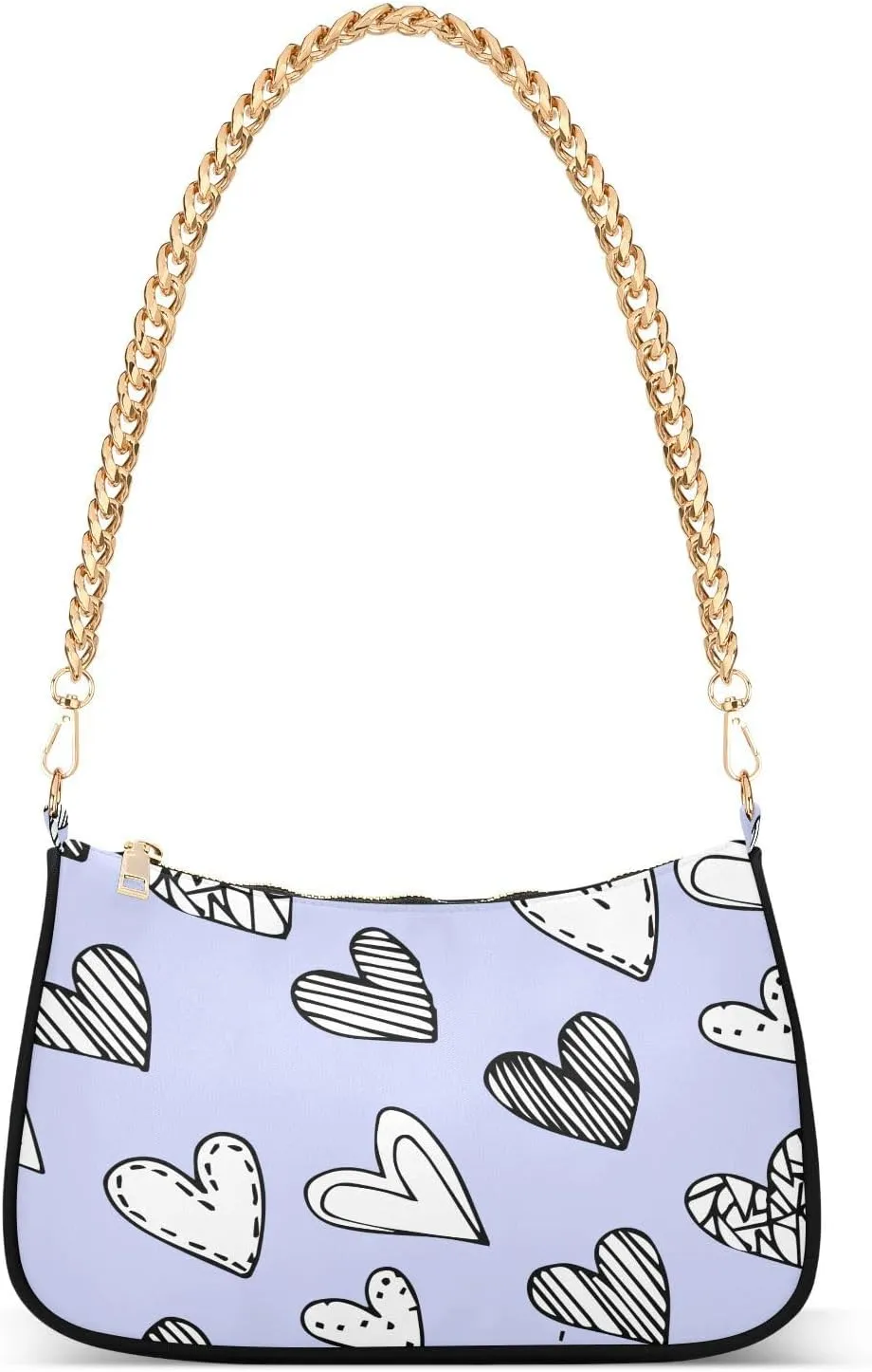 Purple Doodle Heart Shoulder Handbags for Women Travel Hobo Tote Handbag Women Gold Chain Shoulder Bags Purse with Zipper Closure