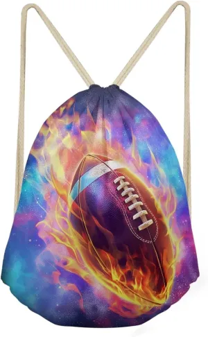 Purple Foldable Backpack,Girls Boys Drawstring Backpacks Drawstring Bags Bulk for Elementary Cool Bookbags for Kids Over 8 Years, Burning Football