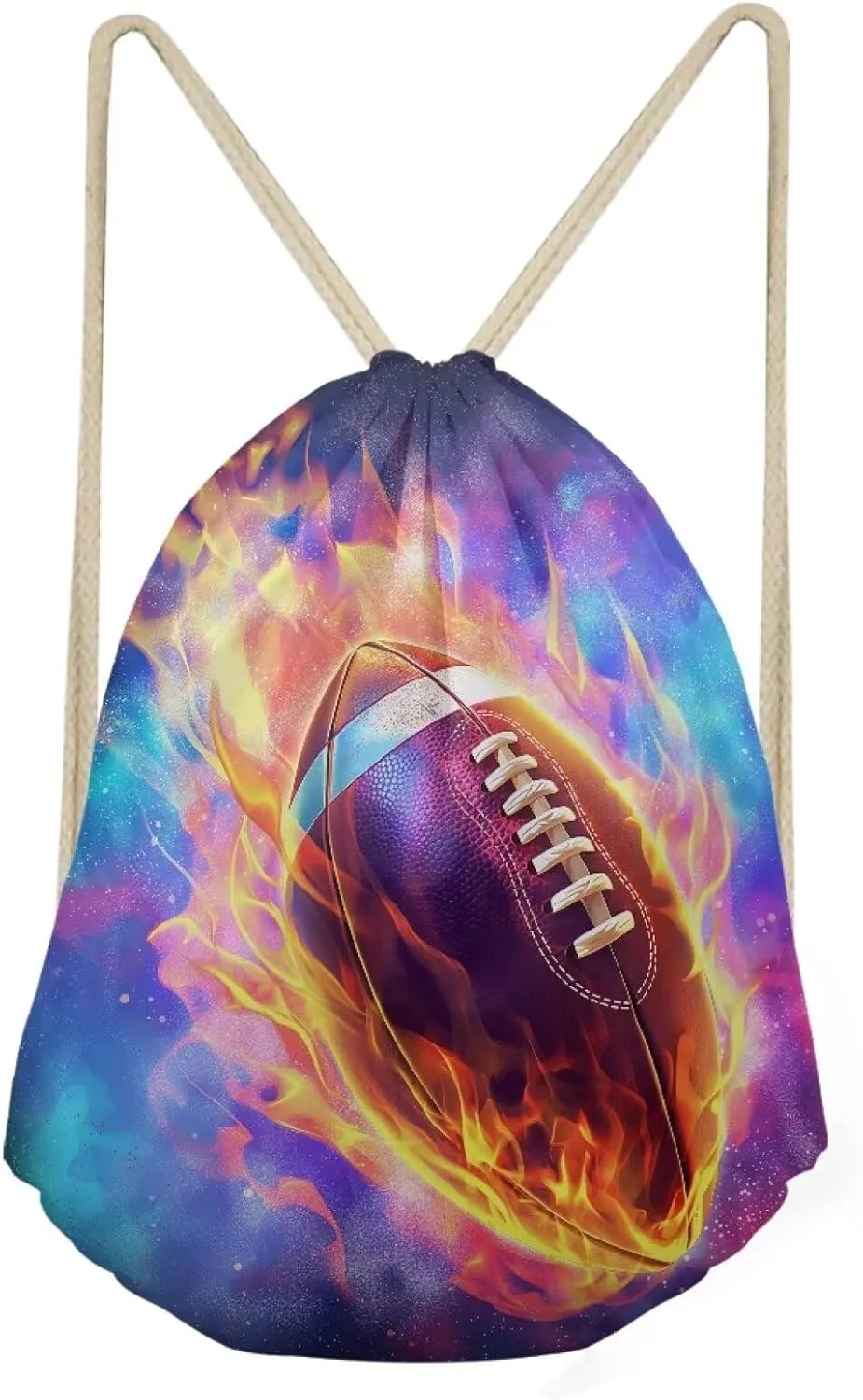 Purple Foldable Backpack,Girls Boys Drawstring Backpacks Drawstring Bags Bulk for Elementary Cool Bookbags for Kids Over 8 Years, Burning Football