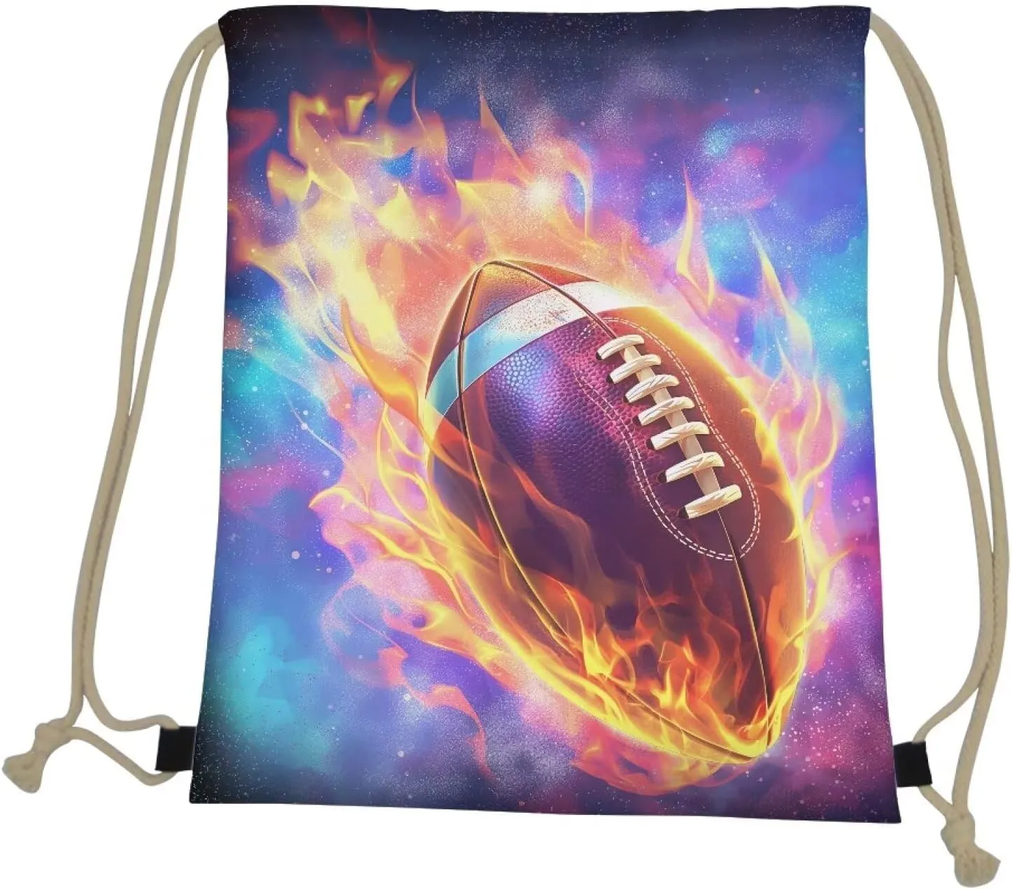 Purple Foldable Backpack,Girls Boys Drawstring Backpacks Drawstring Bags Bulk for Elementary Cool Bookbags for Kids Over 8 Years, Burning Football