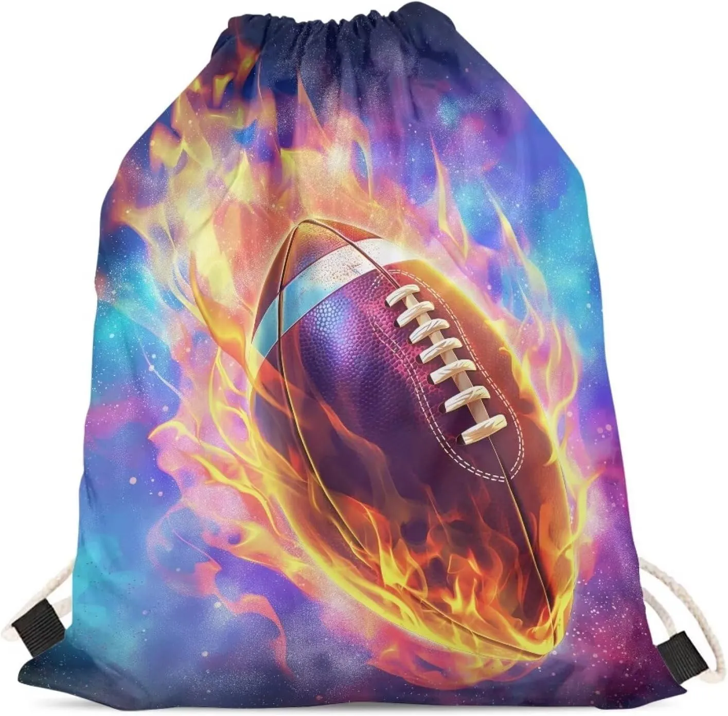Purple Foldable Backpack,Girls Boys Drawstring Backpacks Drawstring Bags Bulk for Elementary Cool Bookbags for Kids Over 8 Years, Burning Football