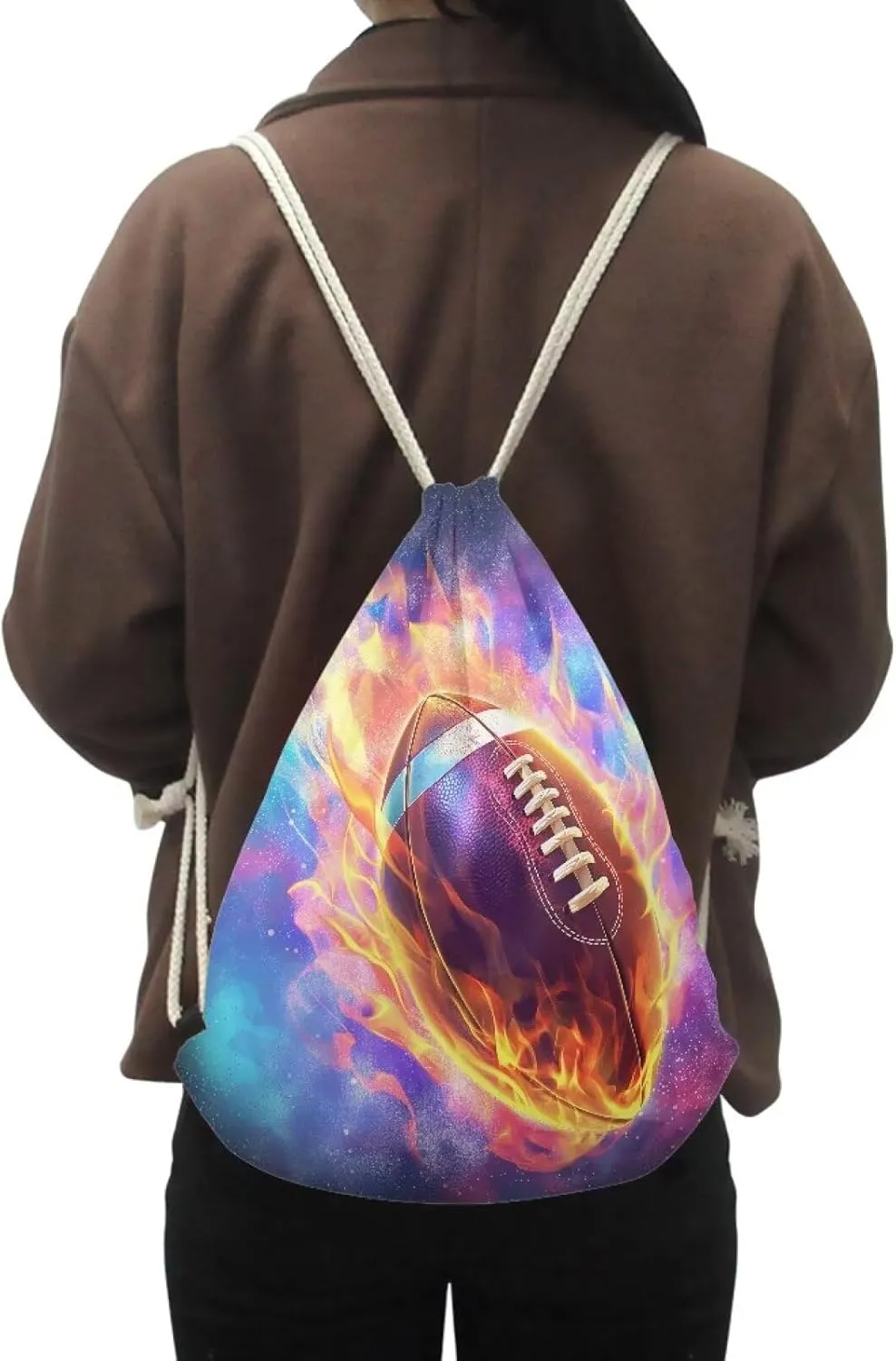 Purple Foldable Backpack,Girls Boys Drawstring Backpacks Drawstring Bags Bulk for Elementary Cool Bookbags for Kids Over 8 Years, Burning Football