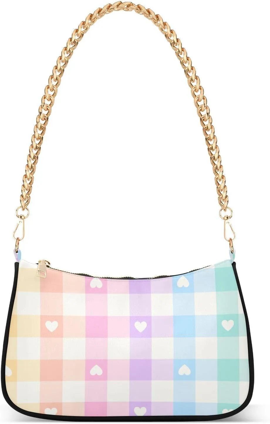 Rainbow Heart Check Plaid Shoulder Handbags for Women Travel Hobo Tote Handbag Women Gold Chain Shoulder Bags Purse with Zipper Closure