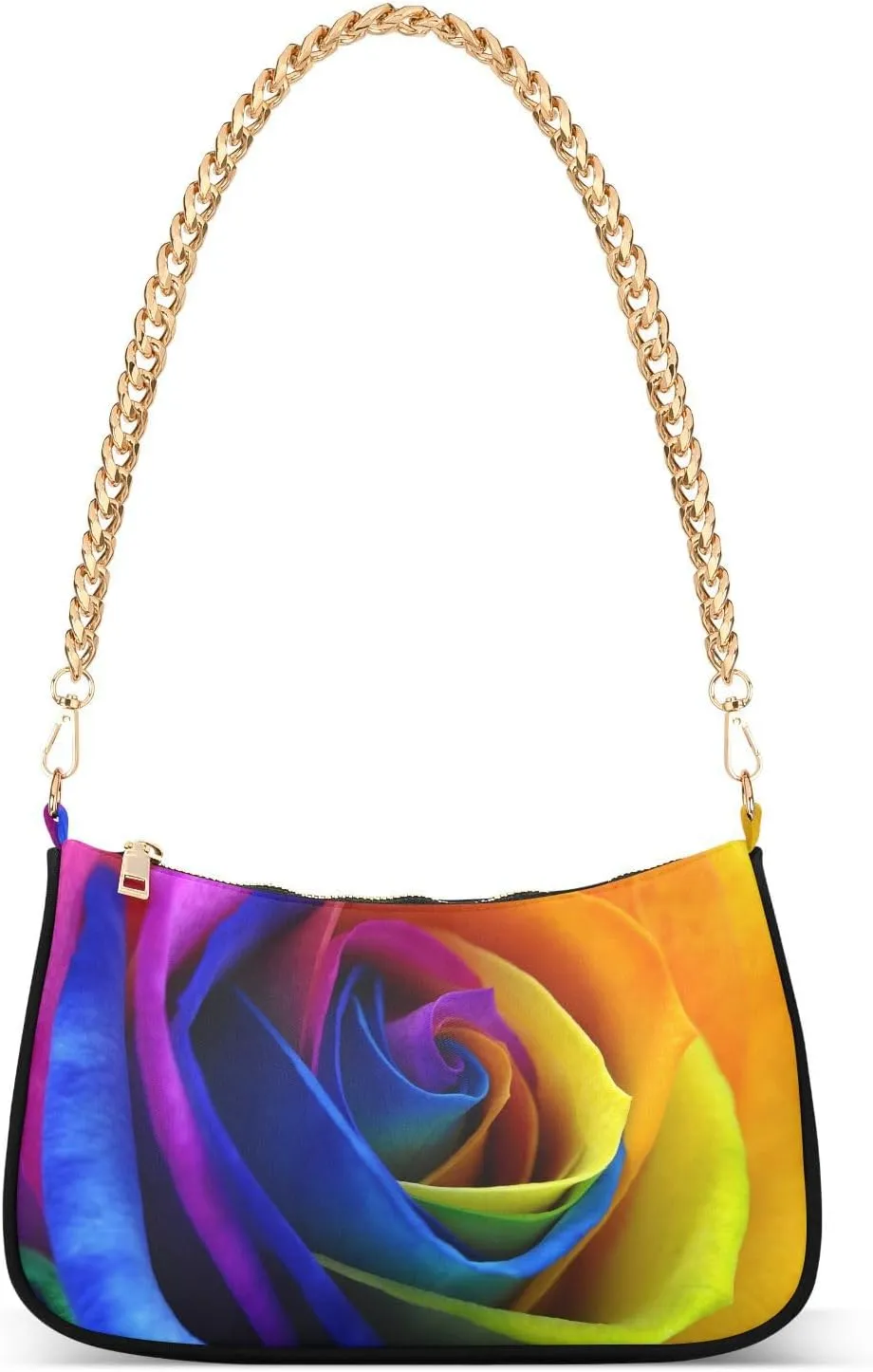 Rainbow Rose Flower Shoulder Handbags for Women Travel Hobo Tote Handbag Women Gold Chain Shoulder Bags Purse with Zipper Closure